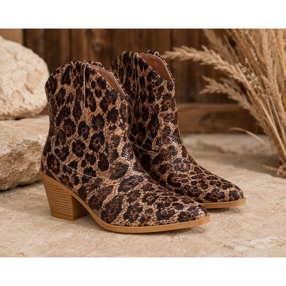 Leopard‎ Print Western Ankle Booties Cowgirl Festival Block Heel Indie Edgy SZ 9